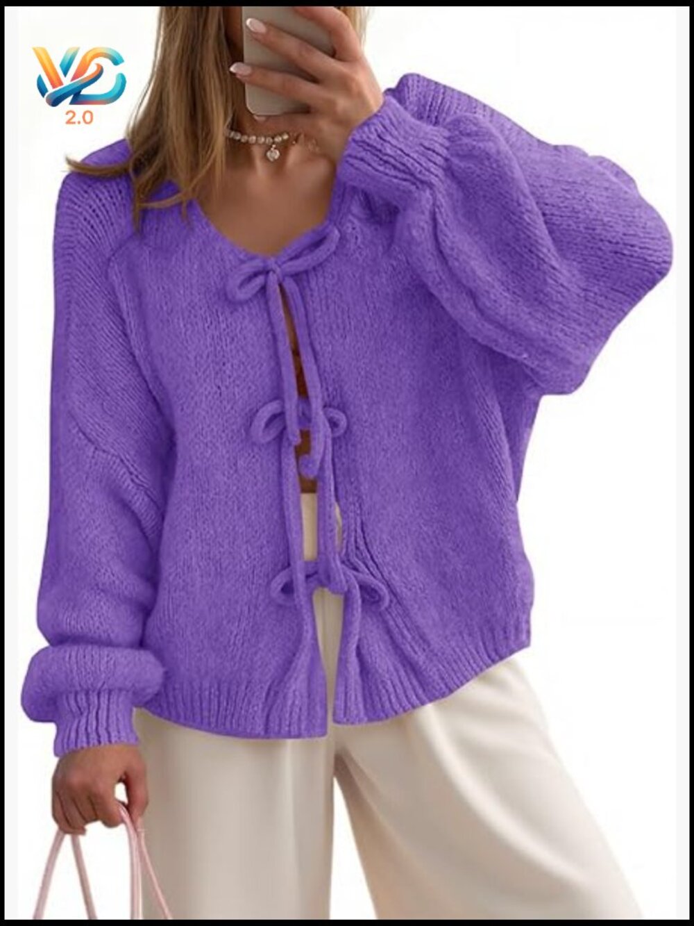 Bow Tie Front Cardigan Oversized Open Front Knit Sweater